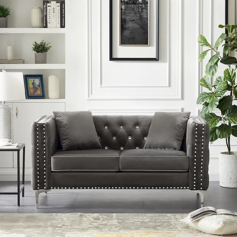 Square Arm Velvet Loveseat with Jewel Buttons and 2 Pillows