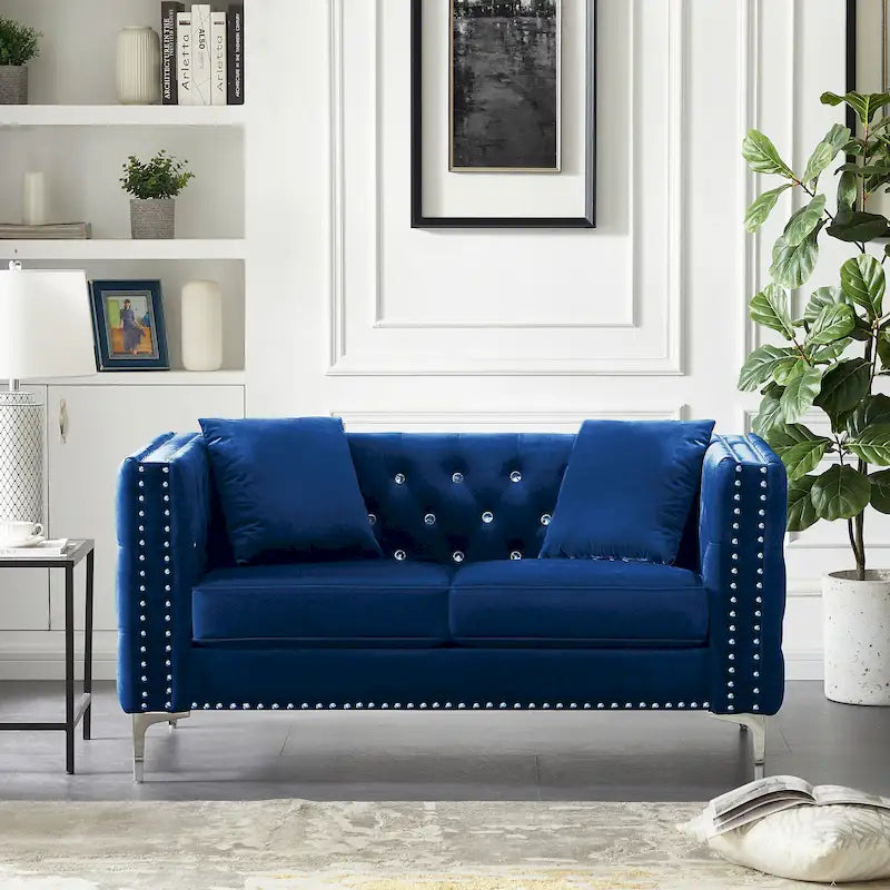 Square Arm Velvet Loveseat with Jewel Buttons and 2 Pillows