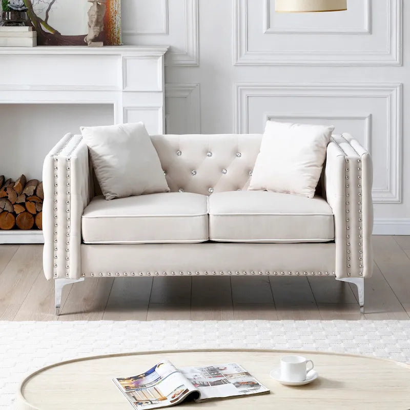 Square Arm Velvet Loveseat with Jewel Buttons and 2 Pillows