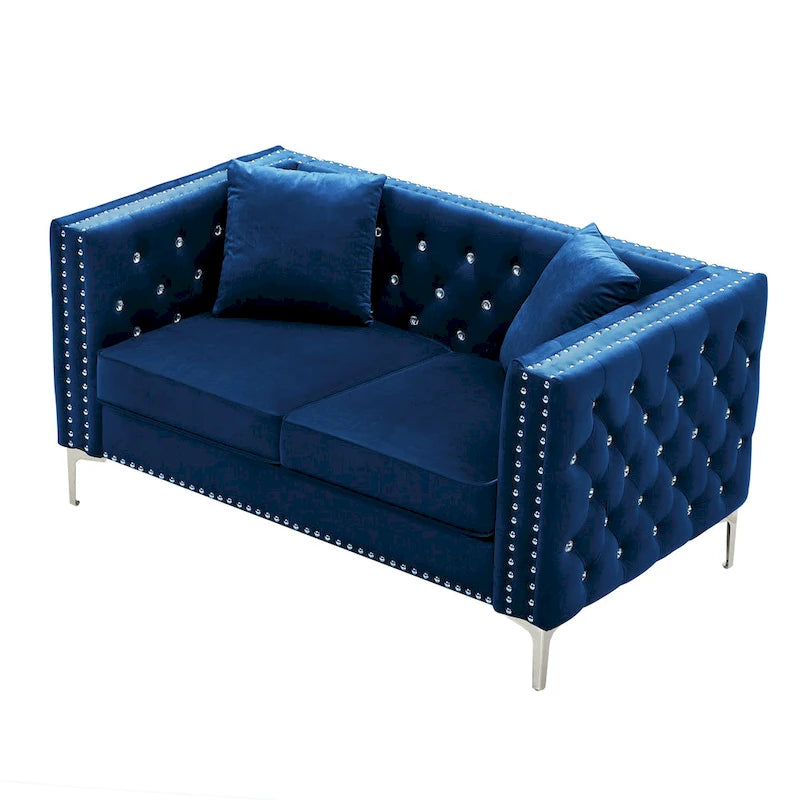 Square Arm Velvet Loveseat with Jewel Buttons and 2 Pillows