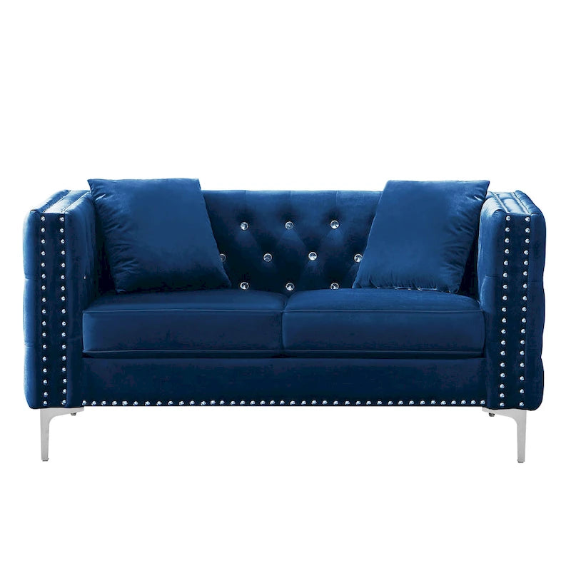 Square Arm Velvet Loveseat with Jewel Buttons and 2 Pillows