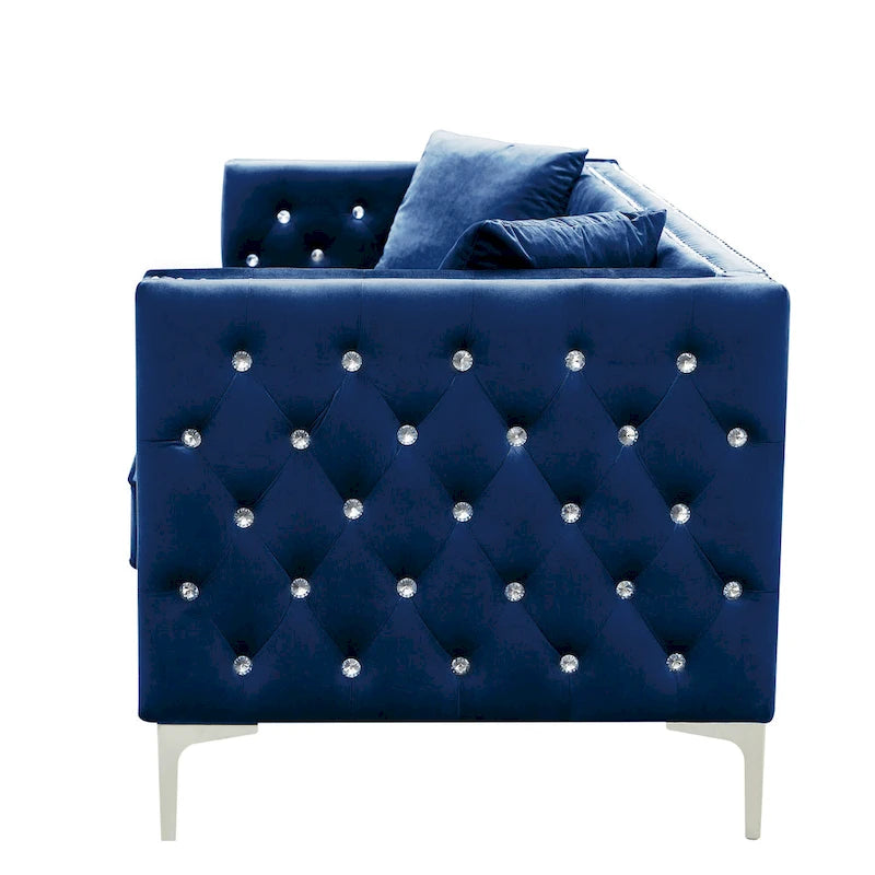Square Arm Velvet Loveseat with Jewel Buttons and 2 Pillows