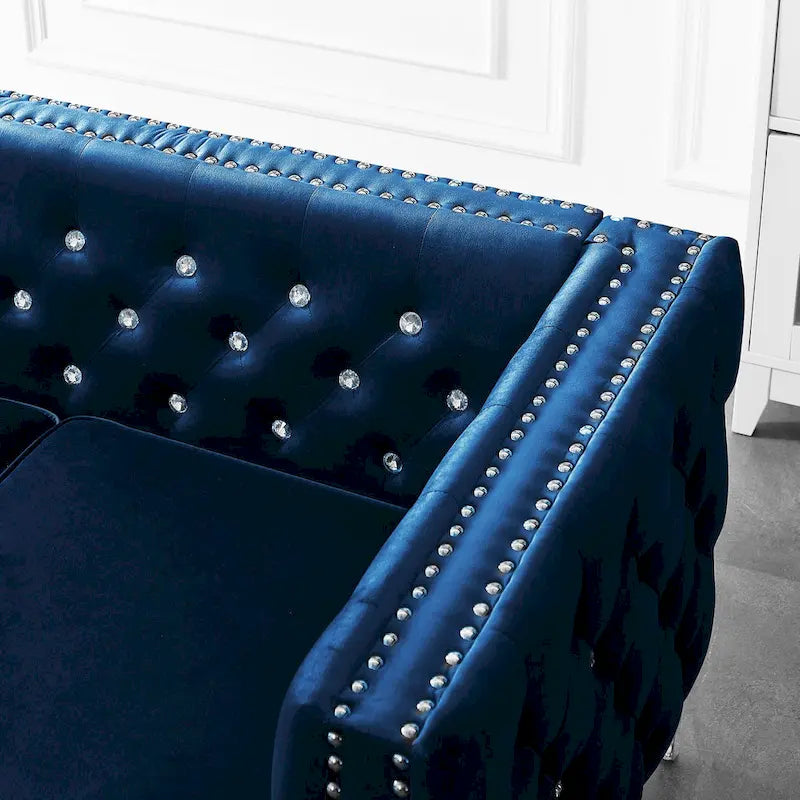 Square Arm Velvet Loveseat with Jewel Buttons and 2 Pillows