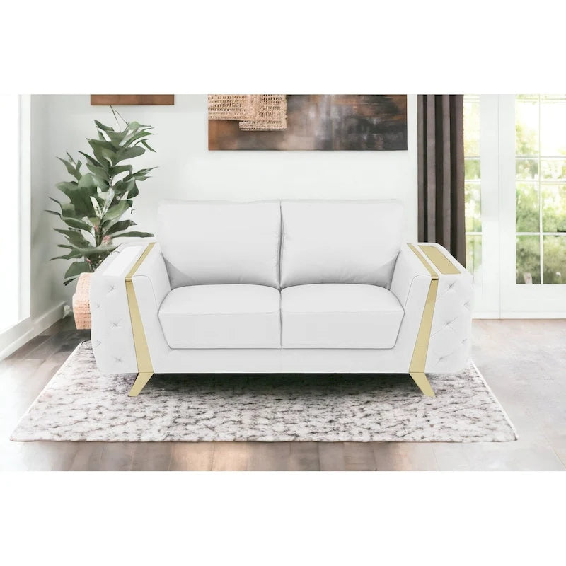 White and Gold Genuine Leather Loveseat - 72 Inch
