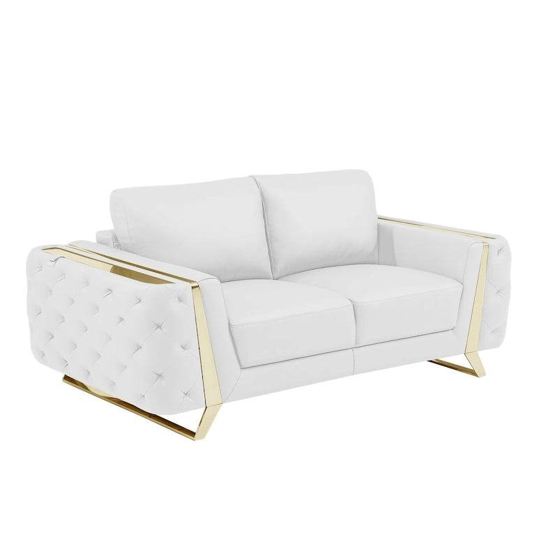 White and Gold Genuine Leather Loveseat - 72 Inch