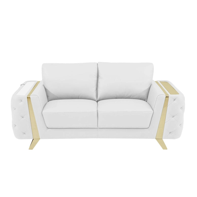 White and Gold Genuine Leather Loveseat - 72 Inch