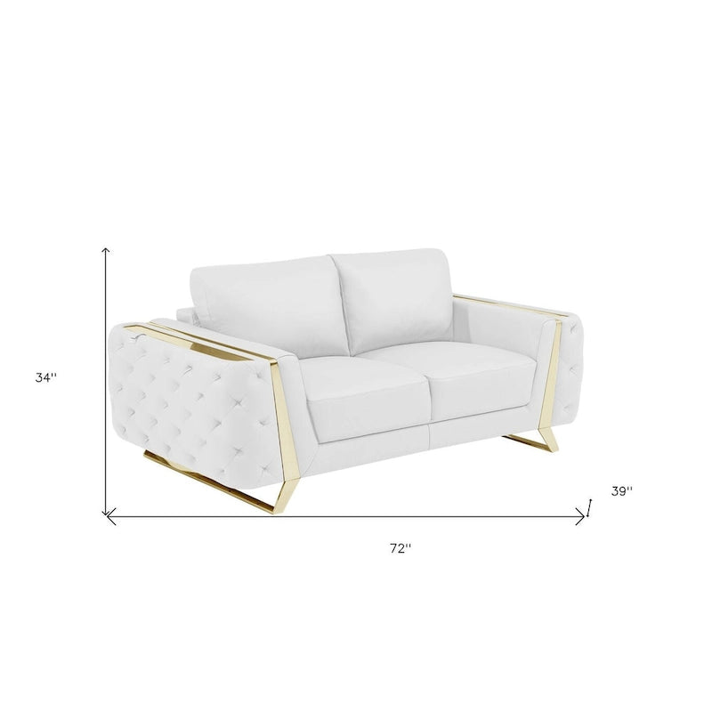 White and Gold Genuine Leather Loveseat - 72 Inch