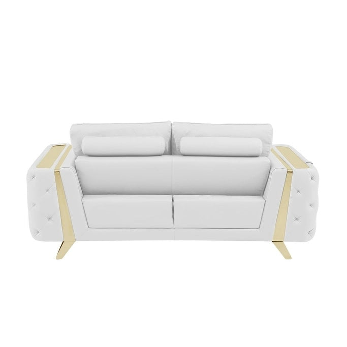 White and Gold Genuine Leather Loveseat - 72 Inch