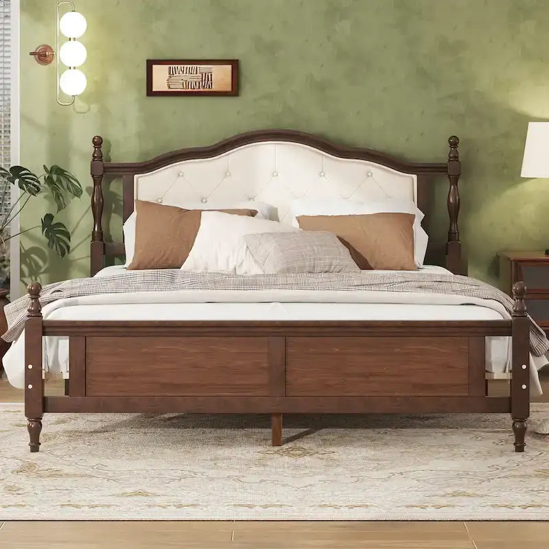 Platform Bed with Tufted Upholstered Headboard & Turned Posts