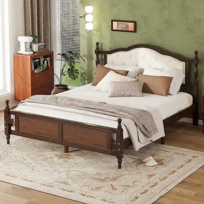 Platform Bed with Tufted Upholstered Headboard & Turned Posts