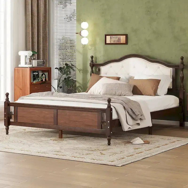 Platform Bed with Tufted Upholstered Headboard & Turned Posts