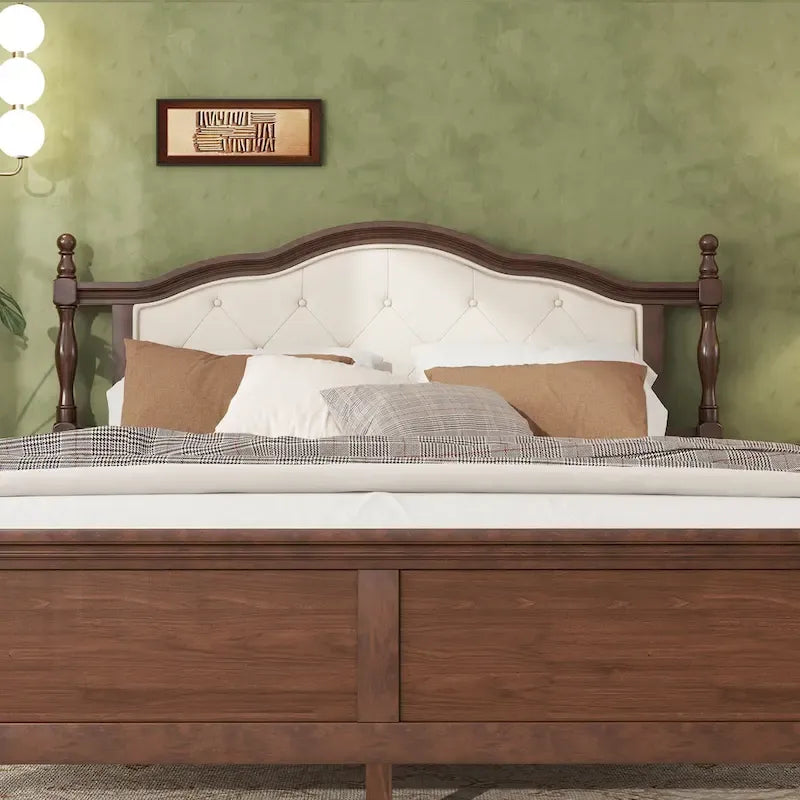 Platform Bed with Tufted Upholstered Headboard & Turned Posts