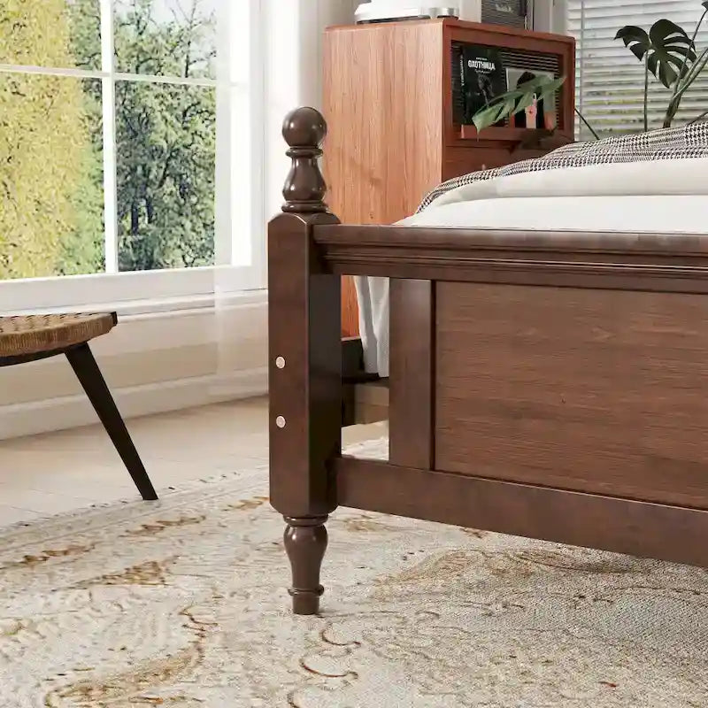 Platform Bed with Tufted Upholstered Headboard & Turned Posts