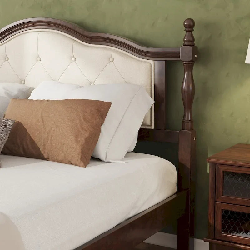 Platform Bed with Tufted Upholstered Headboard & Turned Posts