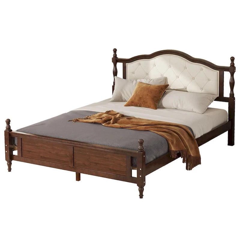 Platform Bed with Tufted Upholstered Headboard & Turned Posts