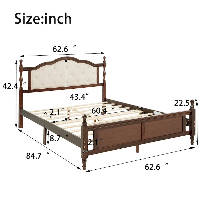 Platform Bed with Tufted Upholstered Headboard & Turned Posts