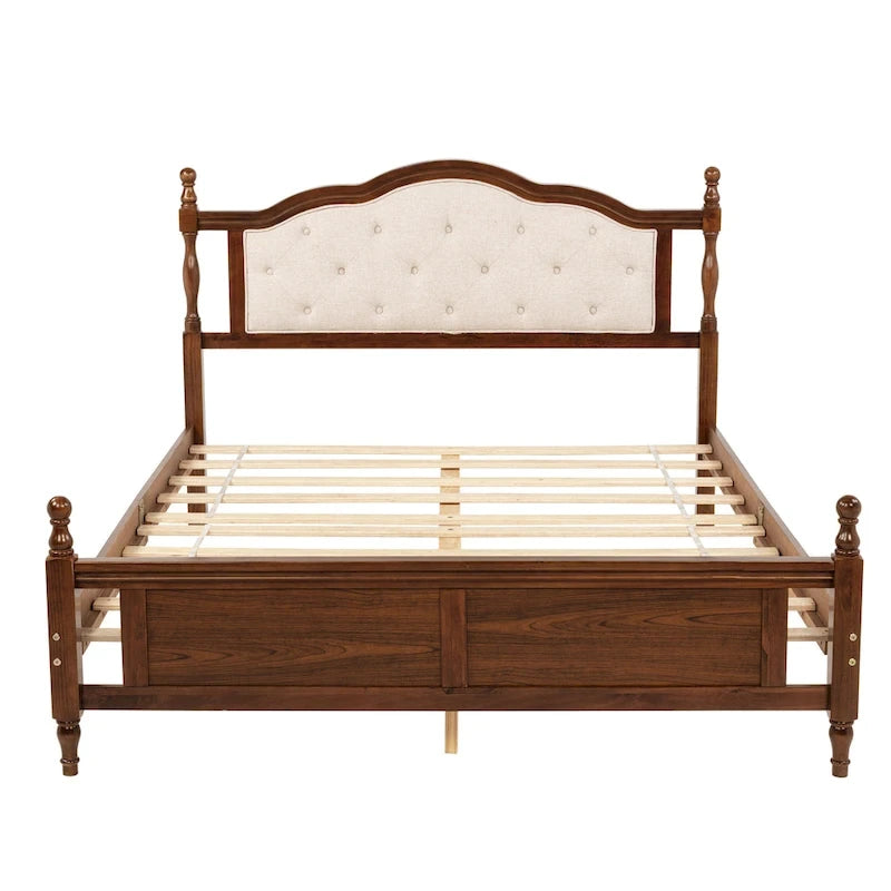 Platform Bed with Tufted Upholstered Headboard & Turned Posts