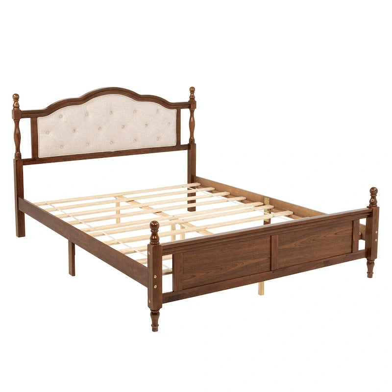 Platform Bed with Tufted Upholstered Headboard & Turned Posts