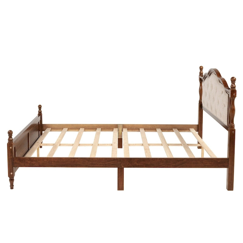 Platform Bed with Tufted Upholstered Headboard & Turned Posts
