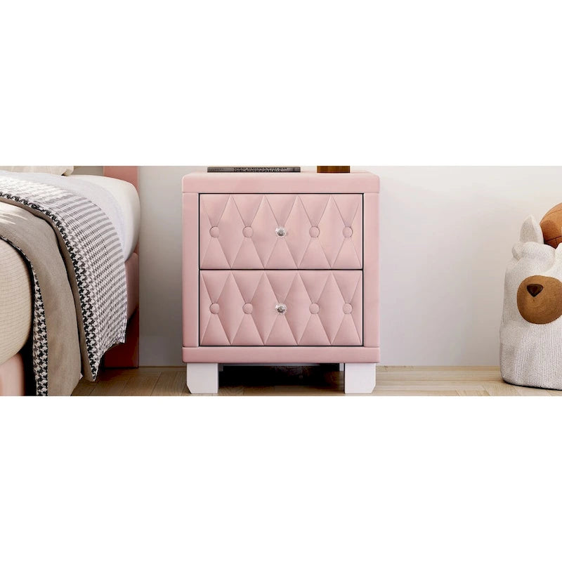 Velvet Nightstand with 2 Drawers and Crystal Handles