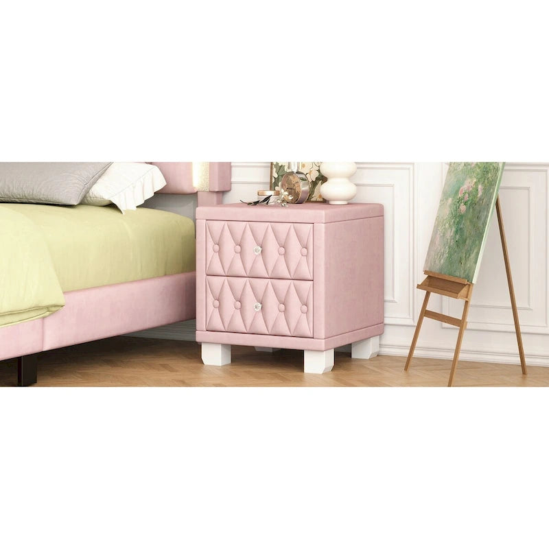 Velvet Nightstand with 2 Drawers and Crystal Handles