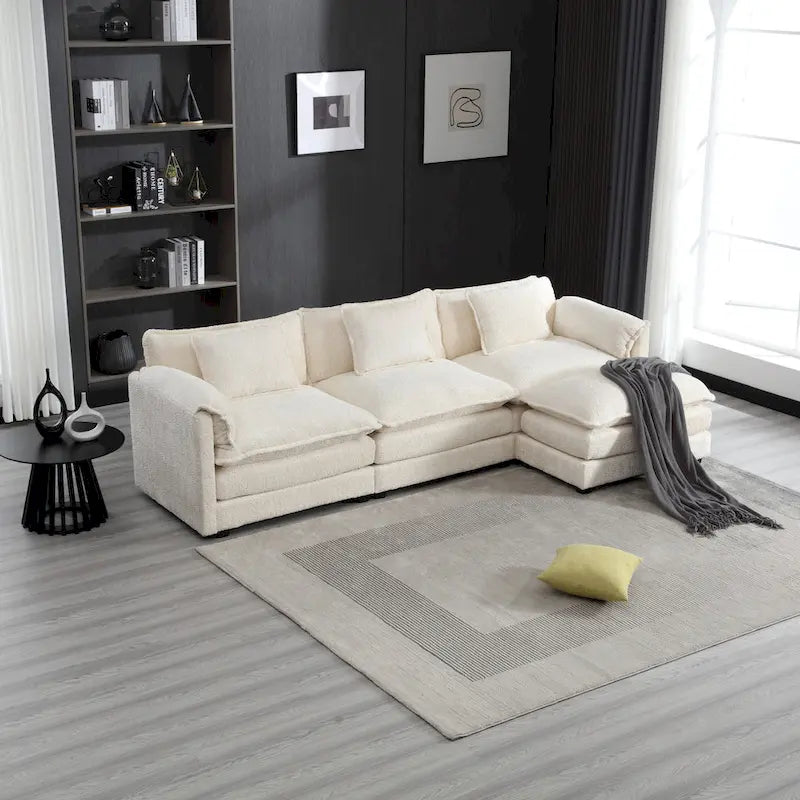 Beige L-Shape 4-Seat Sectional Sofa in Boucle Fabric with Removable Cushions
