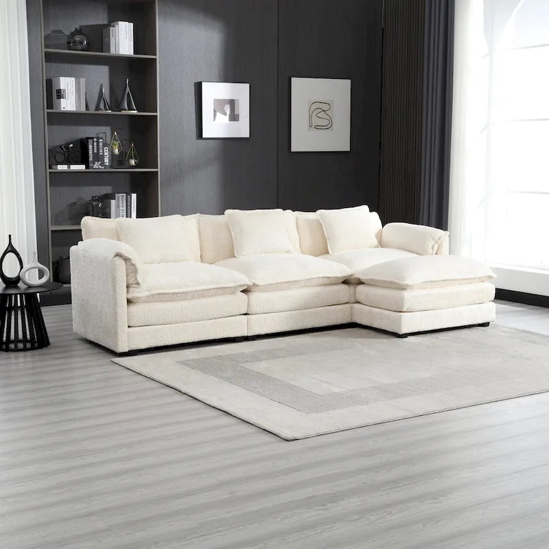Beige L-Shape 4-Seat Sectional Sofa in Boucle Fabric with Removable Cushions