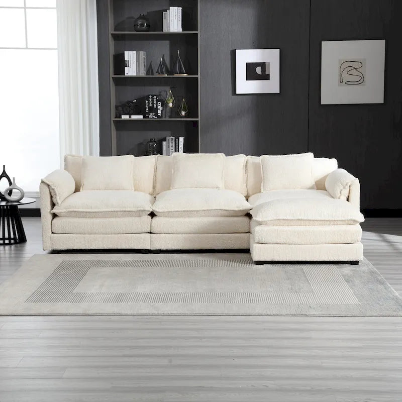Divano Sezionale Angolare a L a 4 Posti Beige in Tessuto Bouclé con Cuscini Rimovibili