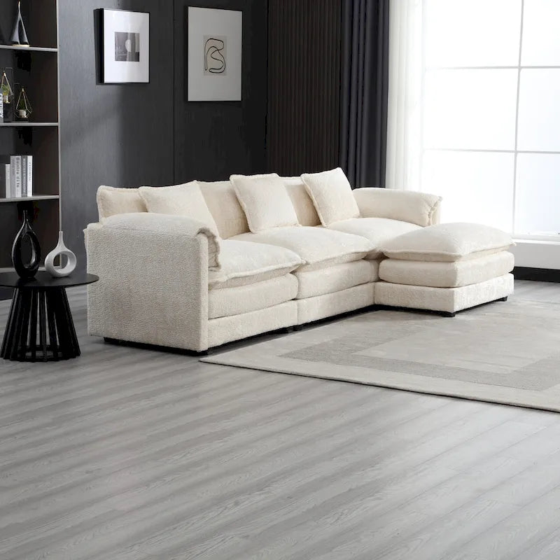 Beige L-Shape 4-Seat Sectional Sofa in Boucle Fabric with Removable Cushions