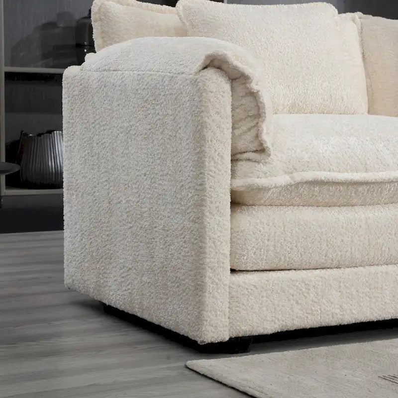 Divano Sezionale Angolare a L a 4 Posti Beige in Tessuto Bouclé con Cuscini Rimovibili