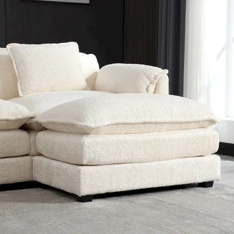 Divano Sezionale Angolare a L a 4 Posti Beige in Tessuto Bouclé con Cuscini Rimovibili