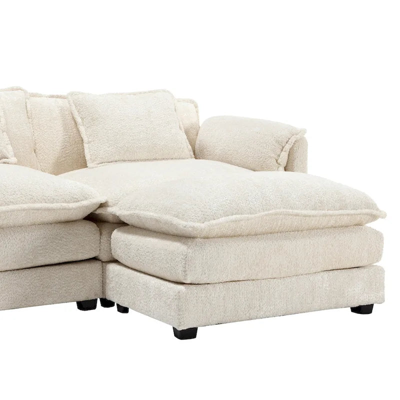 Divano Sezionale Angolare a L a 4 Posti Beige in Tessuto Bouclé con Cuscini Rimovibili