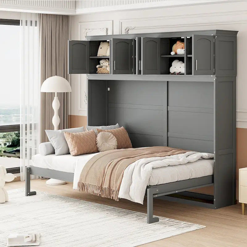 Grey Queen Size Murphy Bed with Top Storage Cabinets
