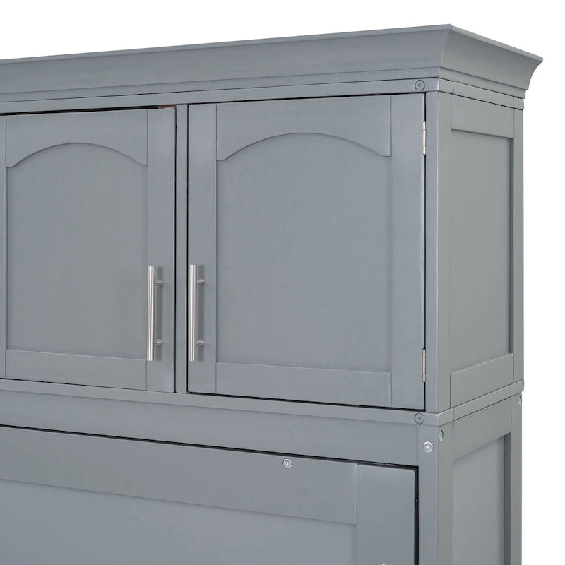 Grey Queen Size Murphy Bed with Top Storage Cabinets