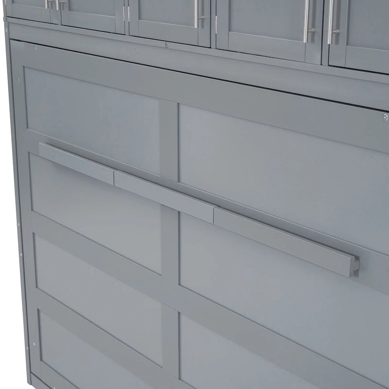 Grey Queen Size Murphy Bed with Top Storage Cabinets