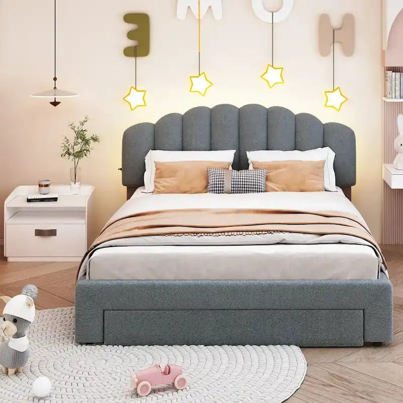 Queen Size Upholstered Platform Bed with Storage Drawer