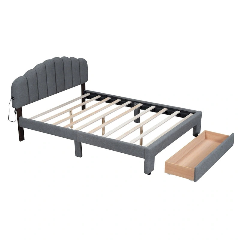 Letto matrimoniale imbottito con piattaforma e cassetto portaoggetti