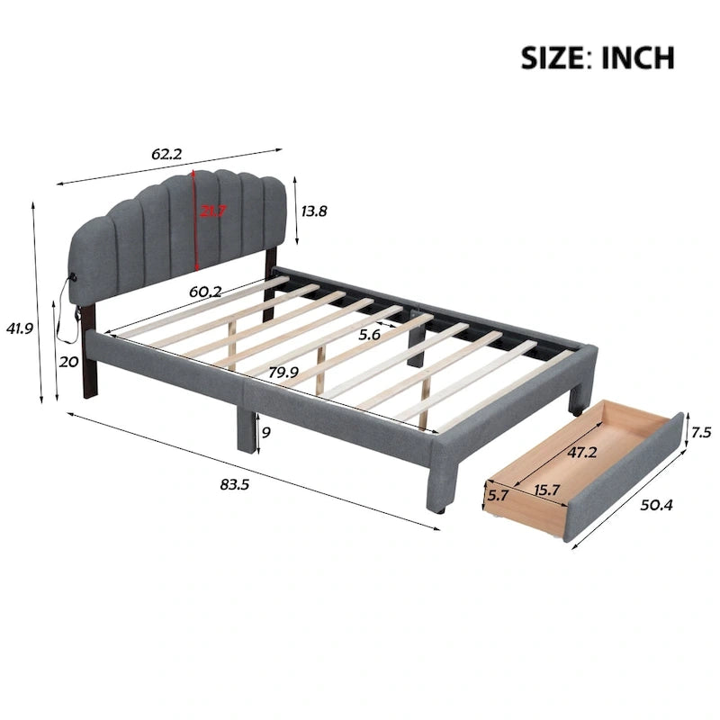 Letto matrimoniale imbottito con piattaforma e cassetto portaoggetti