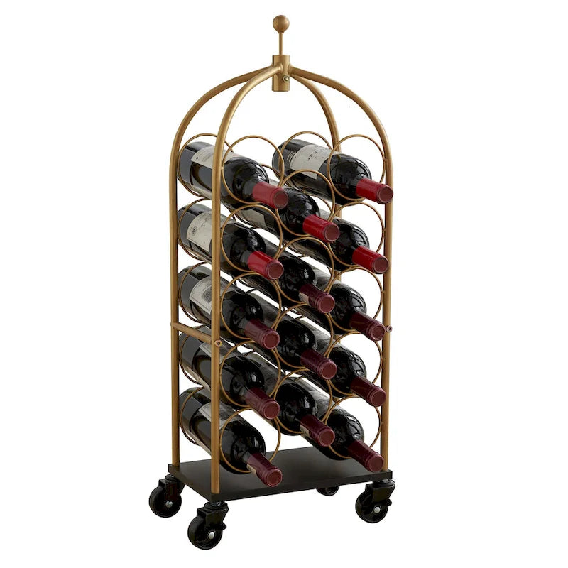 Gold Metal Wine Rack with Wheels - Holds 14 Bottles