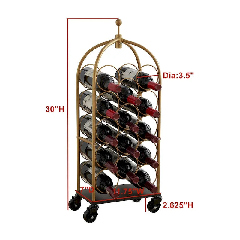 Gold Metal Wine Rack with Wheels - Holds 14 Bottles