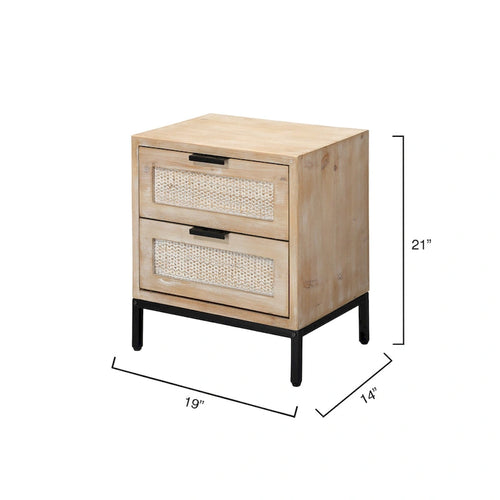 2 Drawer Side Table with Rattan Panels and Iron Base