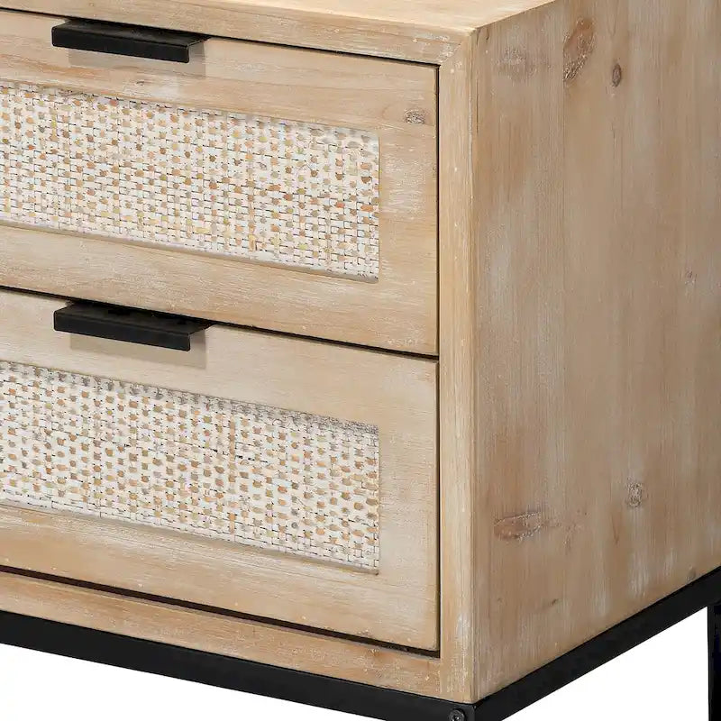 2 Drawer Side Table with Rattan Panels and Iron Base