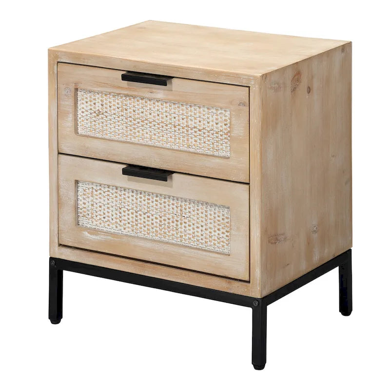 2 Drawer Side Table with Rattan Panels and Iron Base