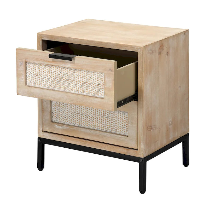2 Drawer Side Table with Rattan Panels and Iron Base