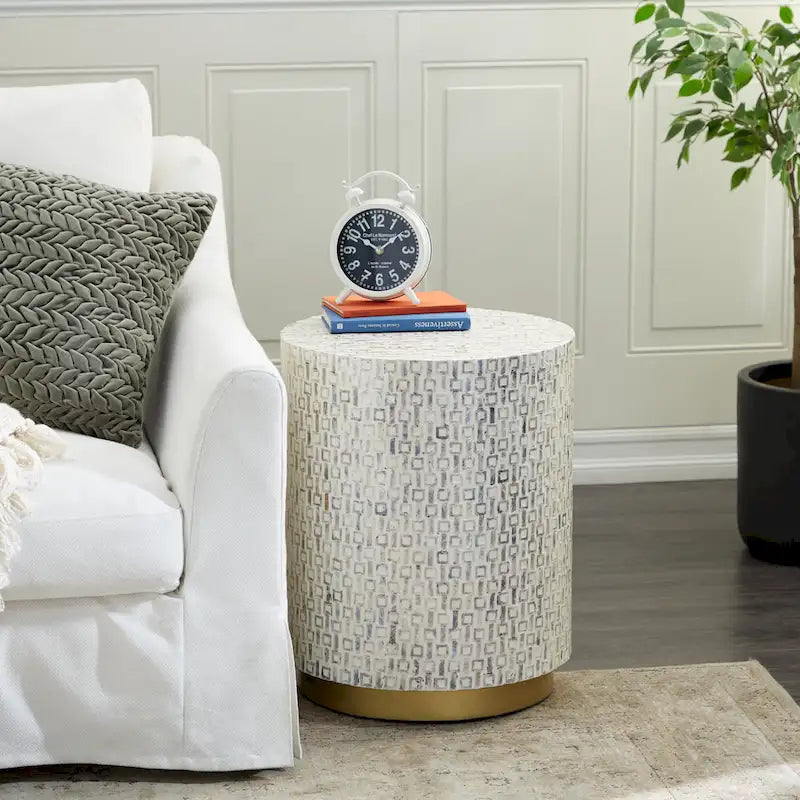 Shell Accent Table with Gold Base and Geometric Pattern