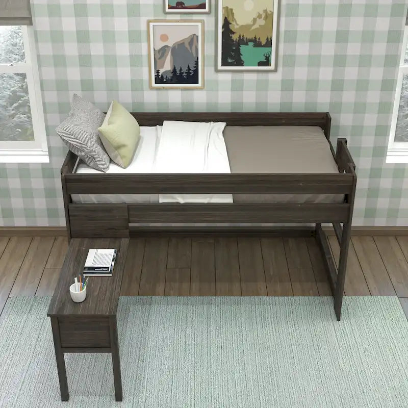 Letto a soppalco basso per ragazzi/bambini in stile rustico con scrivania agganciabile, dimensioni singola