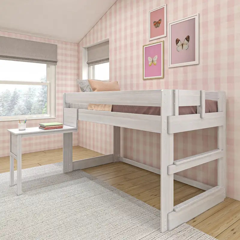 Letto a soppalco basso per ragazzi/bambini in stile rustico con scrivania agganciabile, dimensioni singola