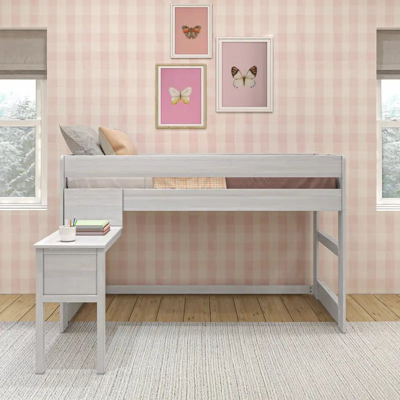 Letto a soppalco basso per ragazzi/bambini in stile rustico con scrivania agganciabile, dimensioni singola