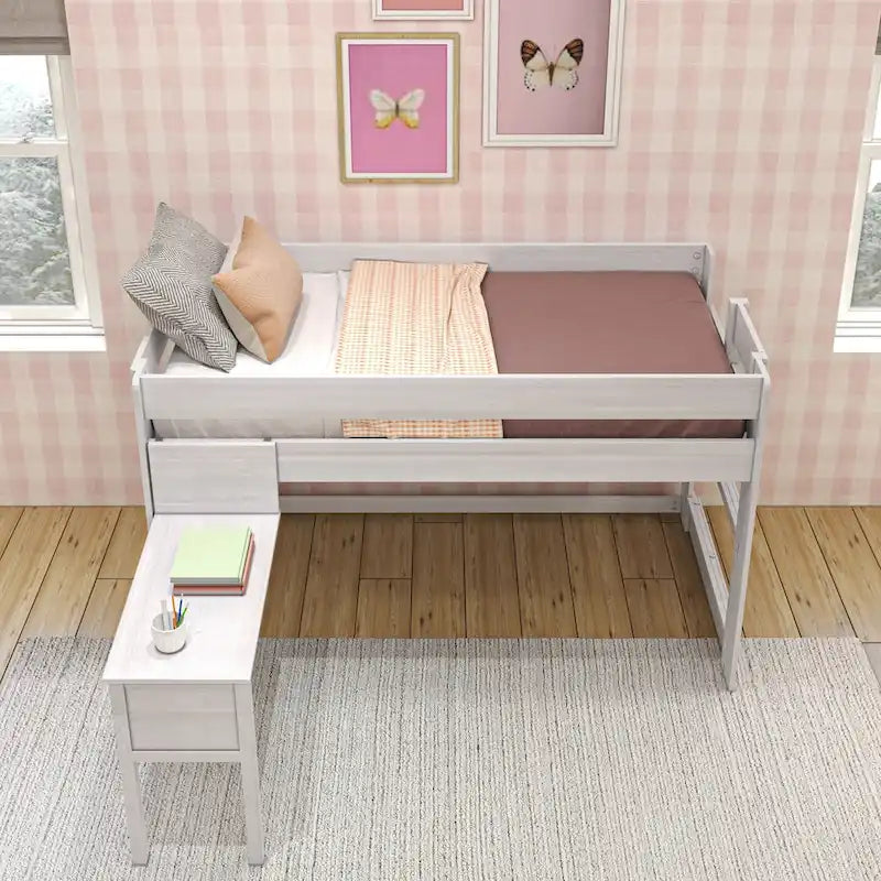 Letto a soppalco basso per ragazzi/bambini in stile rustico con scrivania agganciabile, dimensioni singola