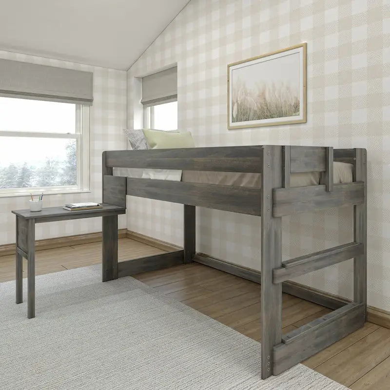 Letto a soppalco basso per ragazzi/bambini in stile rustico con scrivania agganciabile, dimensioni singola